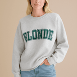 Shop Brunette The Label Brunette The Label "Blonde" Varsity Grey Not Your Boyfriend's Crew Sweater as seen on Catherine Tyldesley Sweater for women – premium loungewear and festival fashion at Spoiled Brat