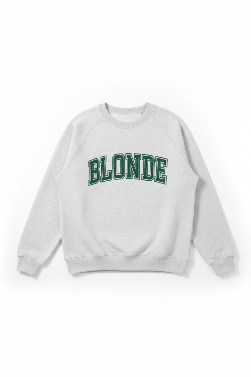 Shop Brunette The Label Brunette The Label "Blonde" Varsity Grey Not Your Boyfriend's Crew Sweater as seen on Catherine Tyldesley Sweater for women – premium loungewear and festival fashion at Spoiled Brat