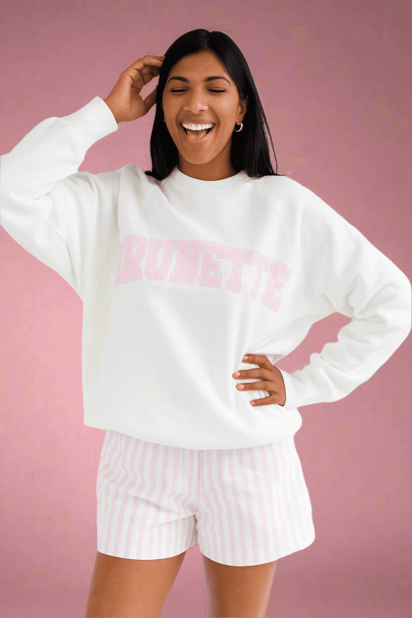 Shop Brunette The Label Brunette The Label "Brunette" Varsity Hair Colour Not Your Boyfriend's Crew Sweater Sweater for women – premium loungewear and festival fashion at Spoiled Brat