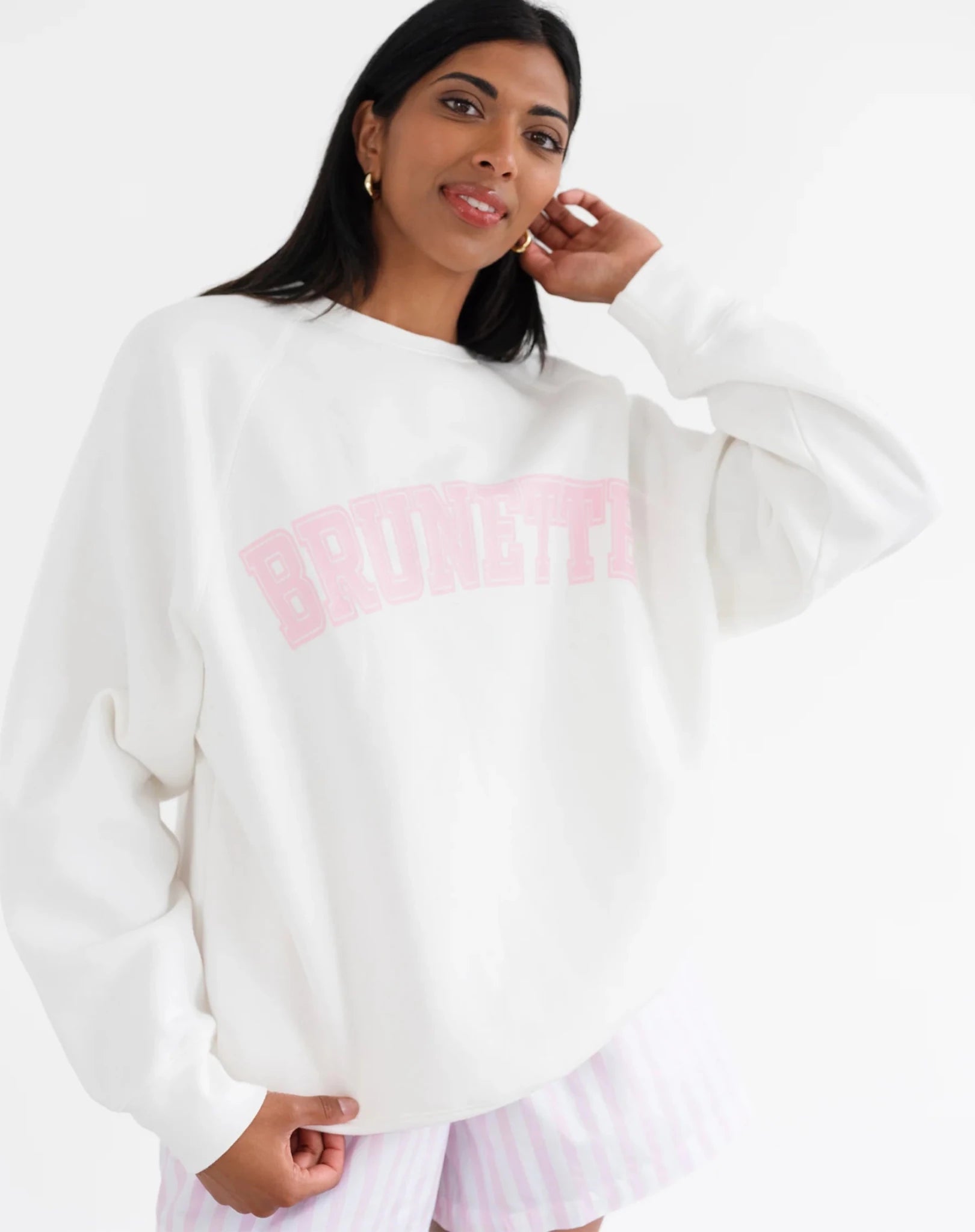 Shop Brunette The Label Brunette The Label "Brunette" Varsity Hair Colour Not Your Boyfriend's Crew Sweater Sweater for women – premium loungewear and festival fashion at Spoiled Brat