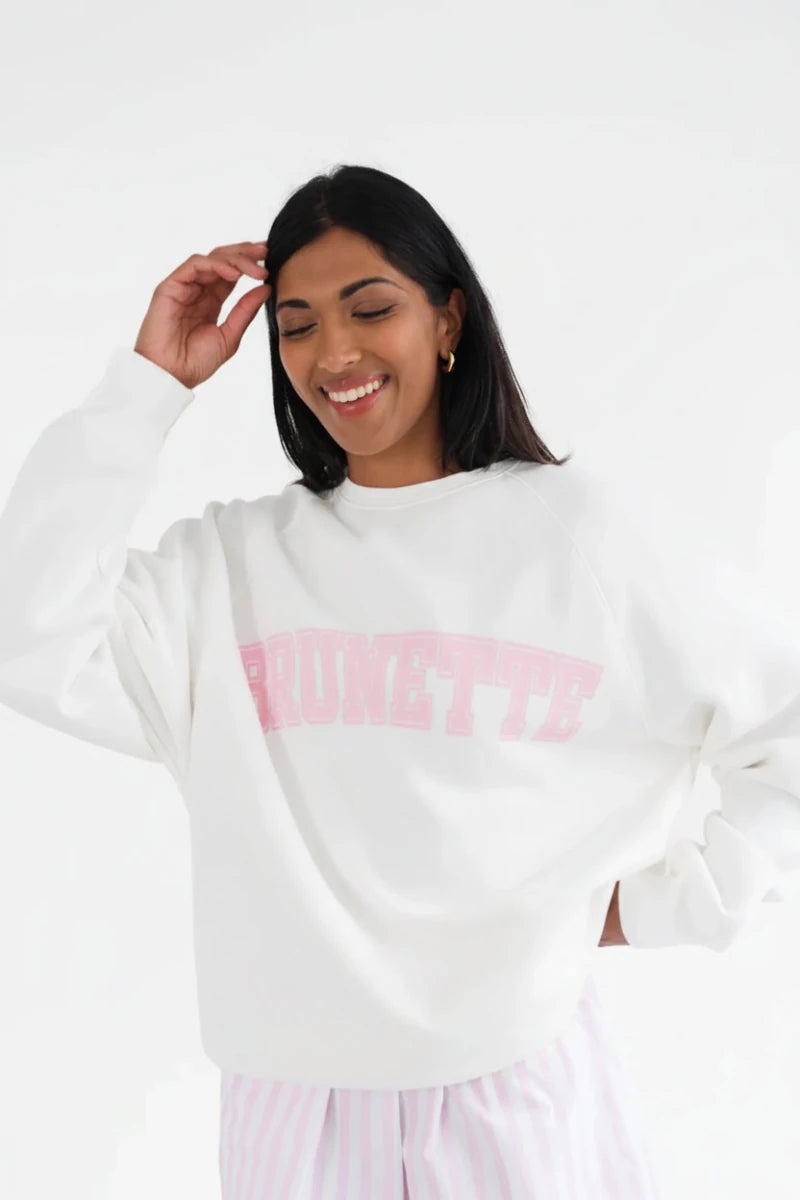 Shop Brunette The Label Brunette The Label "Brunette" Varsity Hair Colour Not Your Boyfriend's Crew Sweater Sweater for women – premium loungewear and festival fashion at Spoiled Brat