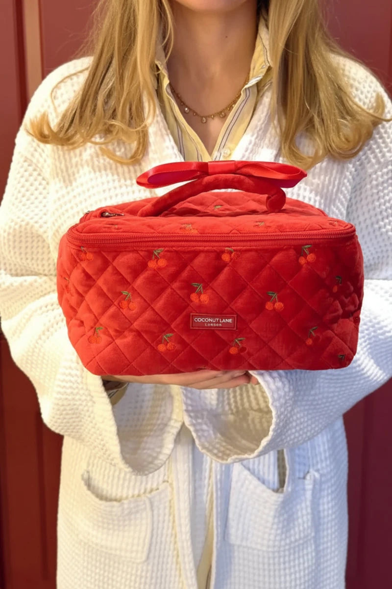 Shop Coconut Lane Coconut Lane Travel Vanity Case in Cherry Velvet Cosmetic Case for women – premium loungewear and festival fashion at Spoiled Brat
