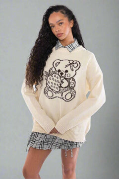 Shop Daisy Street Daisy Street Cute Teddy Bear Intarsia Knit Jumper Jumper for women – premium loungewear and festival fashion at Spoiled Brat