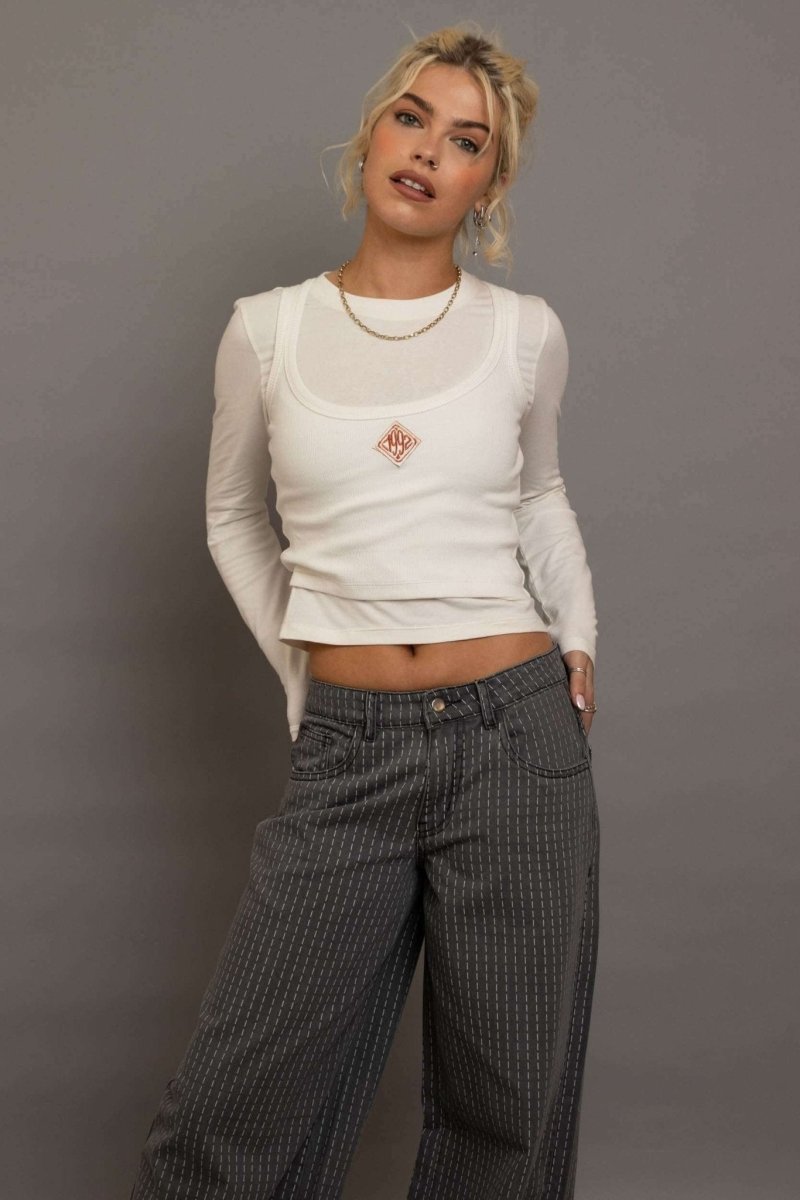 Shop Daisy Street Daisy Street Double Layered Top with Embroidery Long Sleeved Top for women – premium loungewear and festival fashion at Spoiled Brat