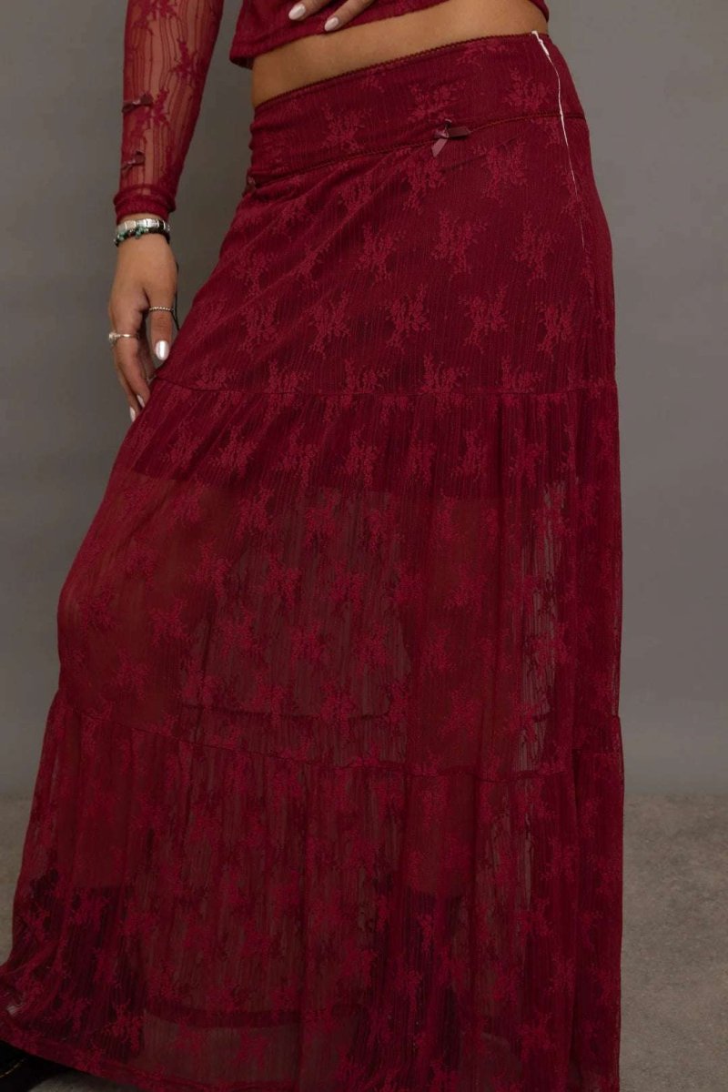 Shop Daisy Street Daisy Street Red Lace Maxi Skirt with Bows Maxi Skirt for women – premium loungewear and festival fashion at Spoiled Brat