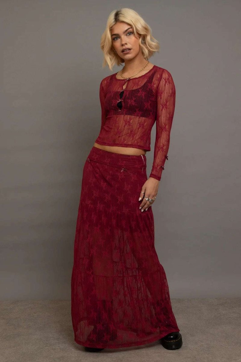 Shop Daisy Street Daisy Street Red Lace Maxi Skirt with Bows Maxi Skirt for women – premium loungewear and festival fashion at Spoiled Brat