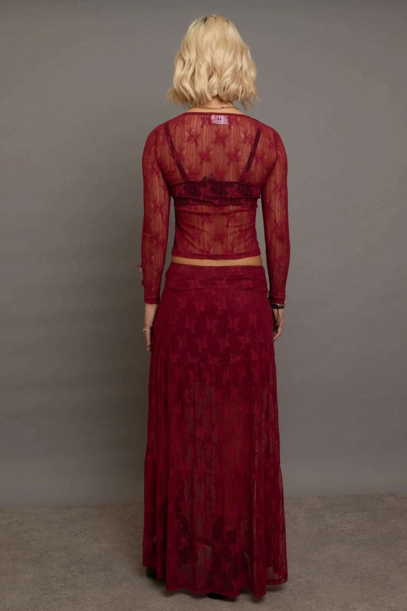 Shop Daisy Street Daisy Street Red Lace Maxi Skirt with Bows Maxi Skirt for women – premium loungewear and festival fashion at Spoiled Brat