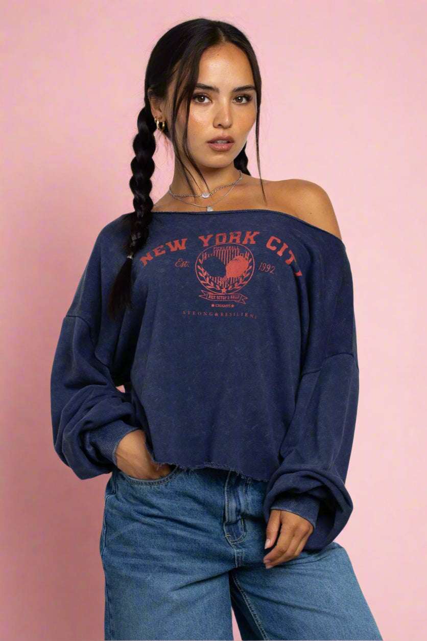 Shop Daisy Street Daisy Street Slashed Neck NYC Sweater Sweater for women – premium loungewear and festival fashion at Spoiled Brat