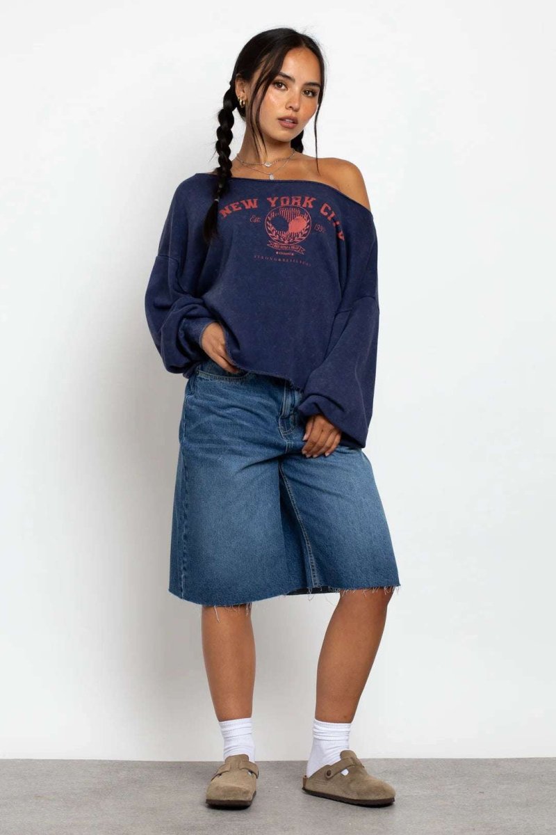 Shop Daisy Street Daisy Street Slashed Neck NYC Sweater Sweater for women – premium loungewear and festival fashion at Spoiled Brat