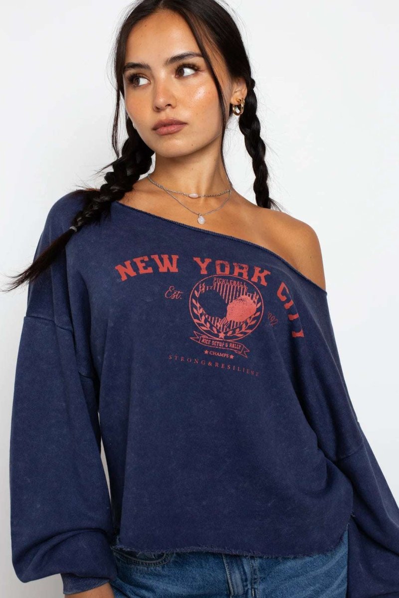 Shop Daisy Street Daisy Street Slashed Neck NYC Sweater Sweater for women – premium loungewear and festival fashion at Spoiled Brat