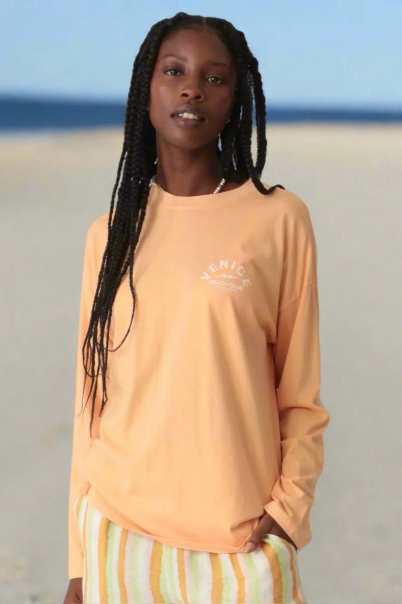Shop Electric and Rose Electric and Rose Camden Boyfriend Tee - Beach Club Graphic Long Sleeved Top for women – premium loungewear and festival fashion at Spoiled Brat