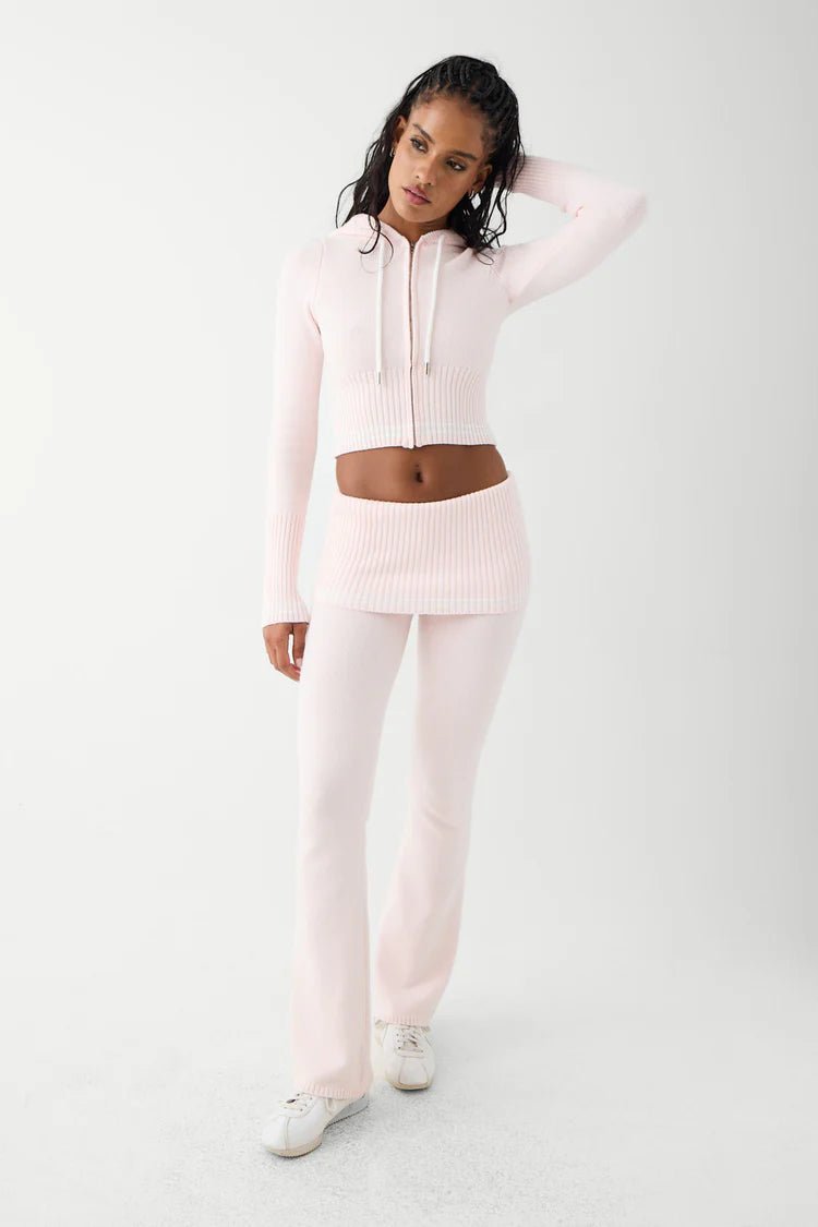 Shop Frankies Bikinis Frankies Bikinis Aimee Cloud Knit Flare Pant in Rosebud Pink Trousers for women – premium loungewear and festival fashion at Spoiled Brat