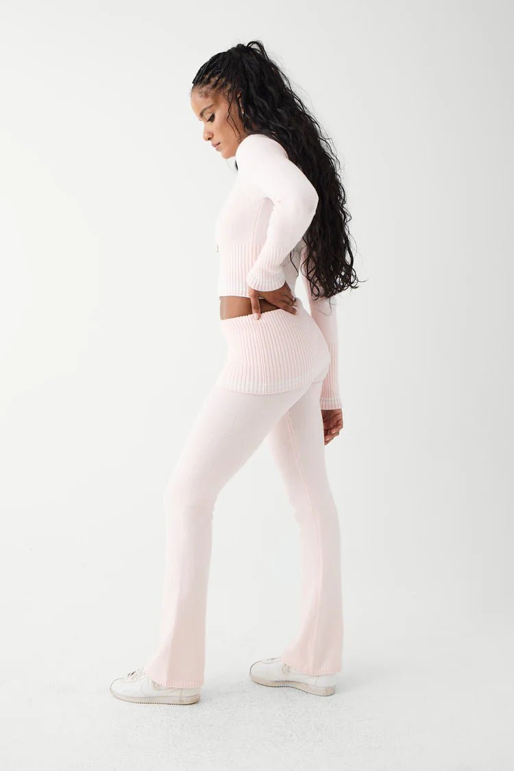 Shop Frankies Bikinis Frankies Bikinis Aimee Cloud Knit Flare Pant in Rosebud Pink Trousers for women – premium loungewear and festival fashion at Spoiled Brat