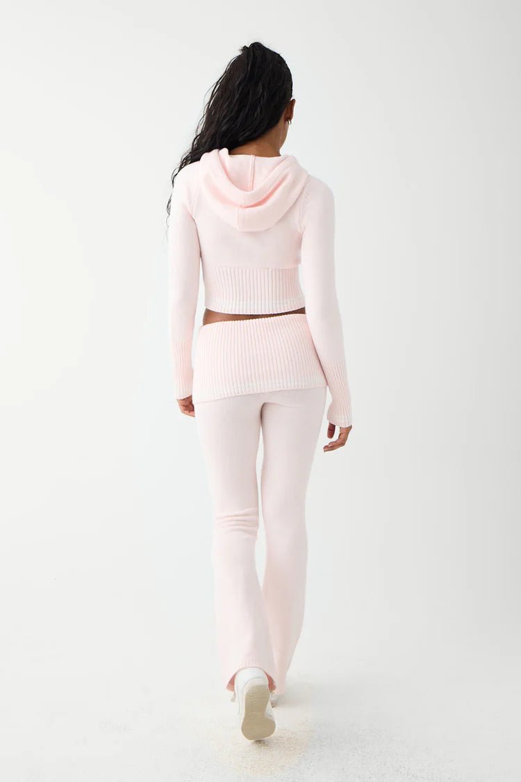 Shop Frankies Bikinis Frankies Bikinis Aimee Cloud Knit Flare Pant in Rosebud Pink Trousers for women – premium loungewear and festival fashion at Spoiled Brat