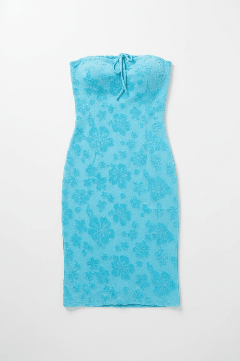 Shop Frankies Bikinis Frankies Bikinis Hope Strapless Terry Dress in Blue Isle Midi Dress for women – premium loungewear and festival fashion at Spoiled Brat