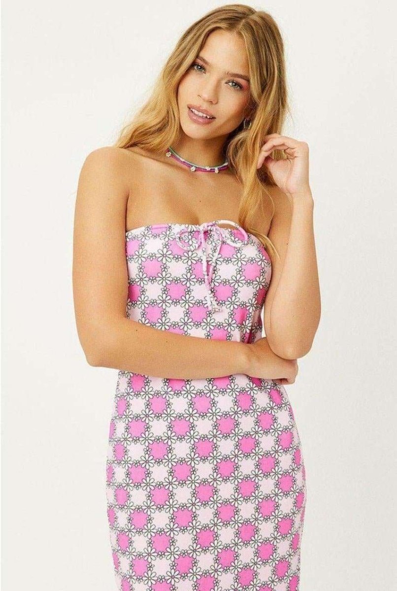 Shop Frankies Bikinis Frankies Bikinis Hope Strapless Terry Dress in Pink Daisy Midi Dress for women – premium loungewear and festival fashion at Spoiled Brat