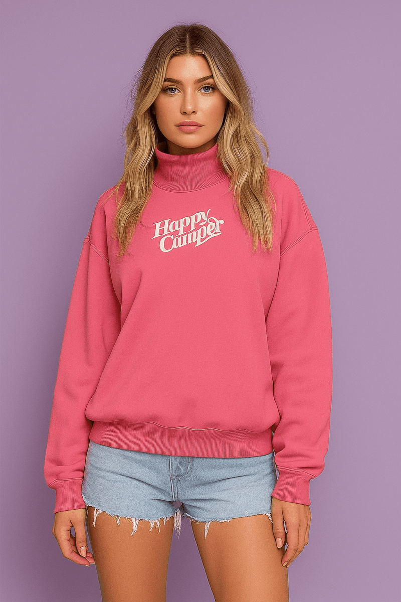 Shop Happy Camp3r Happy Camp3r Hot Pink Mockneck Sweatshirt Sweater for women – premium loungewear and festival fashion at Spoiled Brat