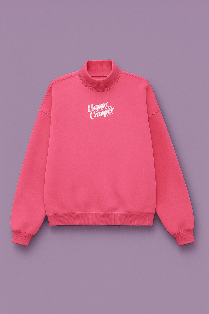 Shop Happy Camp3r Happy Camp3r Hot Pink Mockneck Sweatshirt Sweater for women – premium loungewear and festival fashion at Spoiled Brat