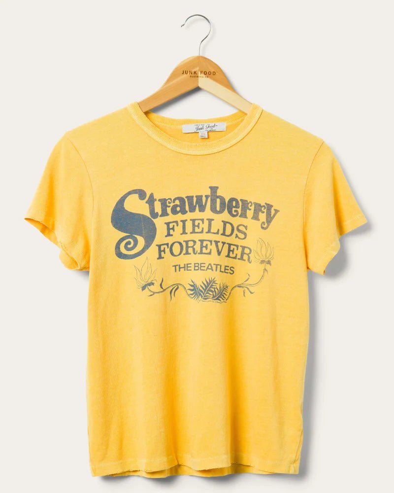 Shop Junk Food Junk Food Strawberry Fields The Beatles T-Shirt as seen on Sabrina Carpenter T-Shirt for women – premium loungewear and festival fashion at Spoiled Brat