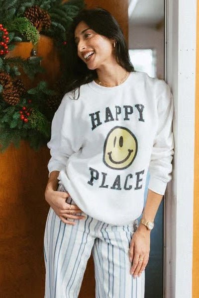 Shop Junk Food Junk Food Womens Happy Place Flea Market Fleece Sweater T-Shirt for women – premium loungewear and festival fashion at Spoiled Brat