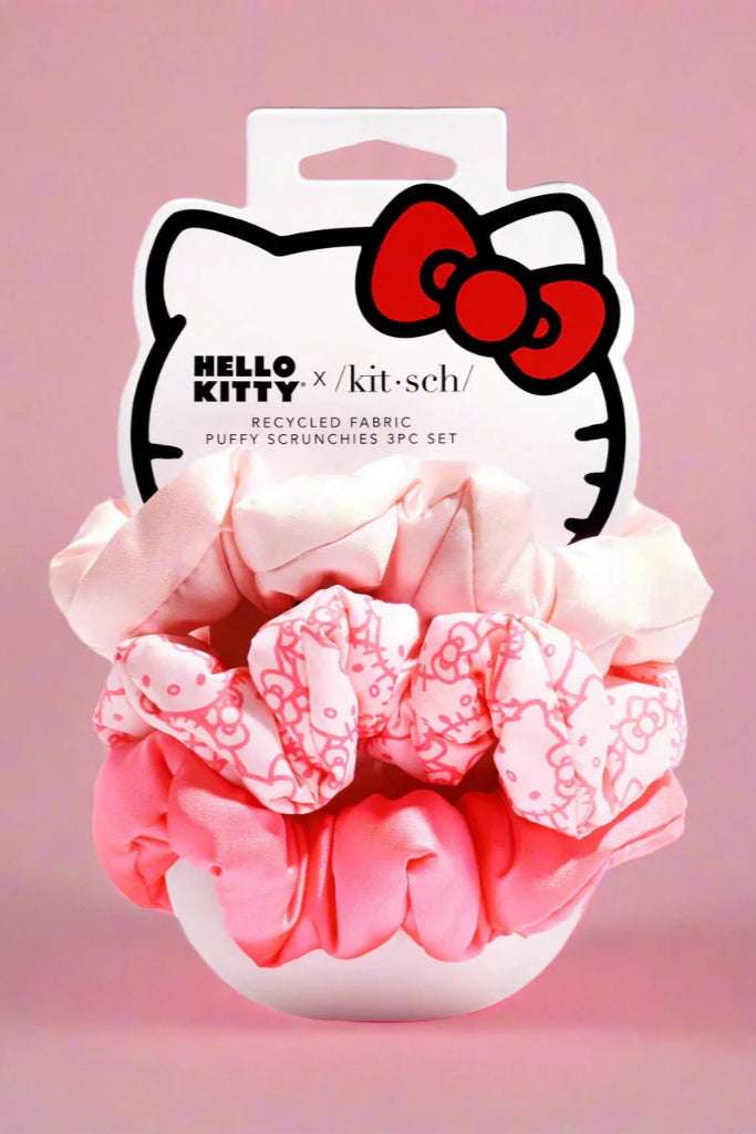 Shop Kitsch Hello Kitty x Kitsch Recycled Fabric Puffy Scrunchies 3pc Set Hair Band for women – premium loungewear and festival fashion at Spoiled Brat