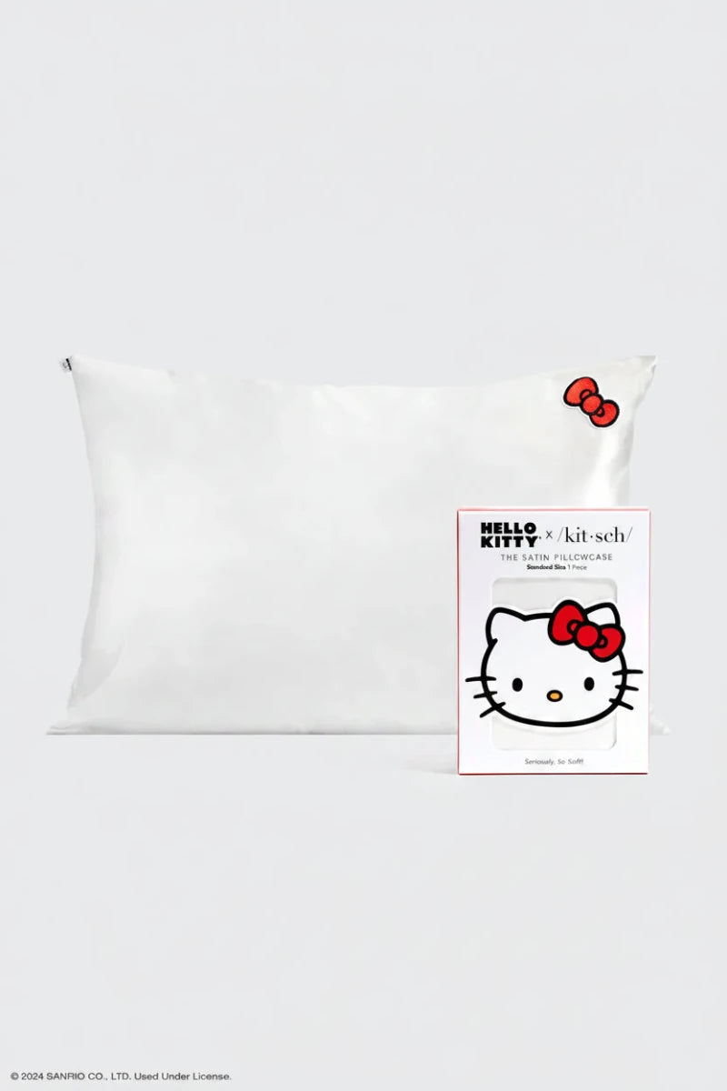 Shop Kitsch Hello Kitty x Kitsch Satin Pillowcase - Solid Ivory Hello Kitty Bow Pillow for women – premium loungewear and festival fashion at Spoiled Brat