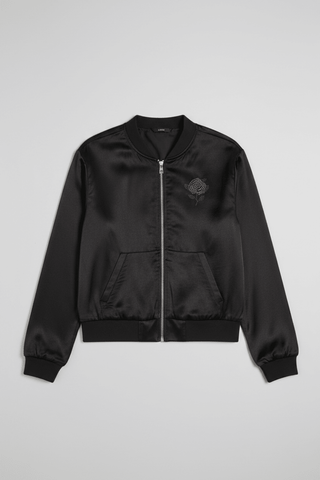 Shop Lauren Moshi Lauren Moshi Kathleen Crystal Roses Satin Bomber Jacket Jacket for women – premium loungewear and festival fashion at Spoiled Brat