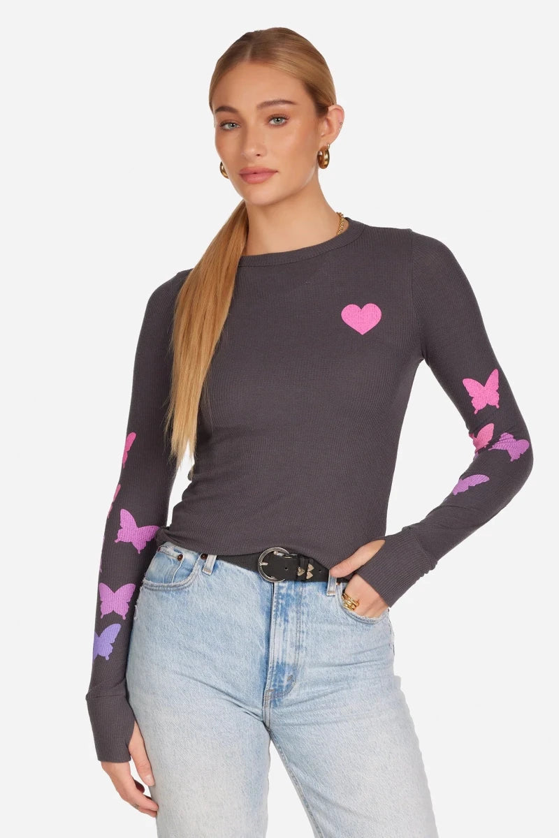 Shop Lauren Moshi Lauren Moshi McKinley Grey Ombre Butterfly Heart Top Long Sleeved Top for women – premium loungewear and festival fashion at Spoiled Brat