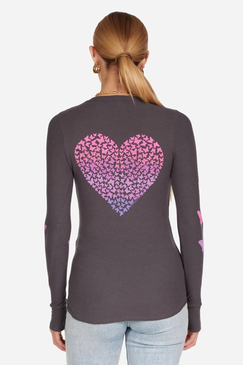 Shop Lauren Moshi Lauren Moshi McKinley Grey Ombre Butterfly Heart Top Long Sleeved Top for women – premium loungewear and festival fashion at Spoiled Brat