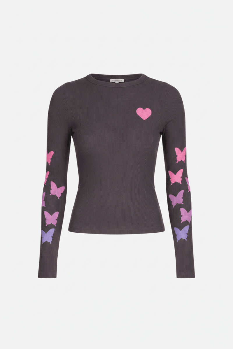 Shop Lauren Moshi Lauren Moshi McKinley Grey Ombre Butterfly Heart Top Long Sleeved Top for women – premium loungewear and festival fashion at Spoiled Brat