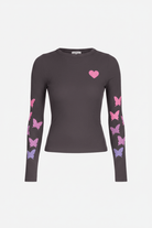 Shop Lauren Moshi Lauren Moshi McKinley Grey Ombre Butterfly Heart Top Long Sleeved Top for women – premium loungewear and festival fashion at Spoiled Brat
