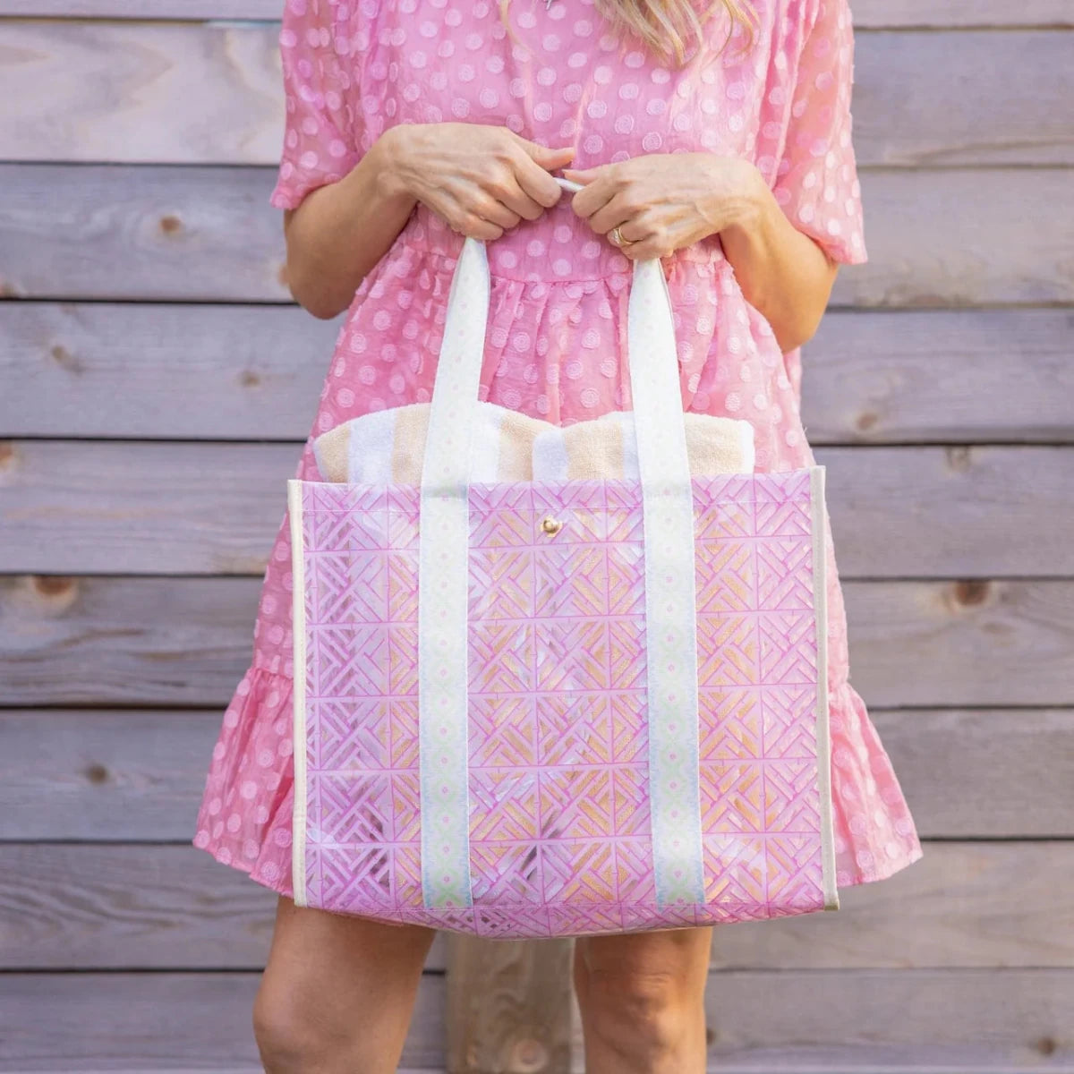 Shop Packed Party Packed Party Pink Geo Tile Vinyl Tote Bag Tote Bag for women – premium loungewear and festival fashion at Spoiled Brat