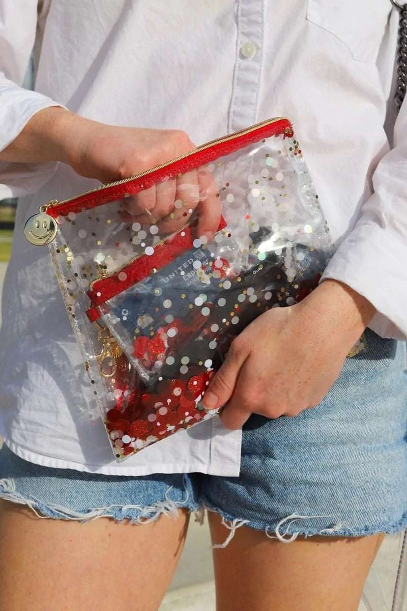 Shop Packed Party Packed Party Spirit Squad Rally Red Confetti Everything Pouch Clutch Bag for women – premium loungewear and festival fashion at Spoiled Brat