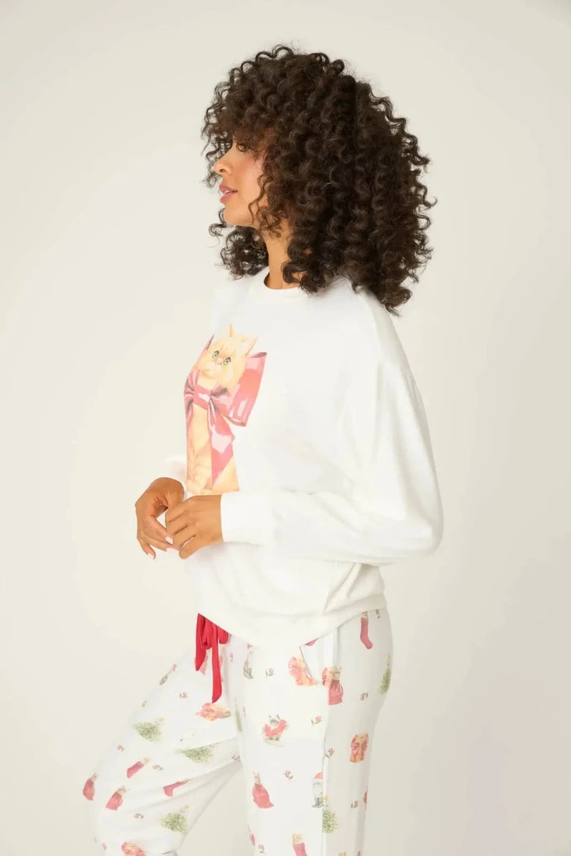 Shop PJ Salvage PJ Salvage Feline Festive Cat Print Sweater as seen on Chloe Sims Sweater for women – premium loungewear and festival fashion at Spoiled Brat
