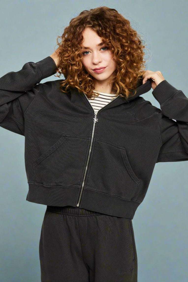 Shop Samii Ryan Samii Ryan Black Stone Wash Zip - Up Hoodie Hooded Sweatshirt for women – premium loungewear and festival fashion at Spoiled Brat