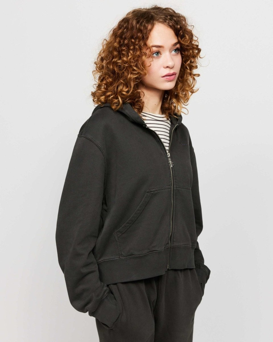 Shop Samii Ryan Samii Ryan Black Stone Wash Zip - Up Hoodie Hooded Sweatshirt for women – premium loungewear and festival fashion at Spoiled Brat