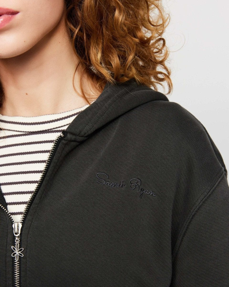 Shop Samii Ryan Samii Ryan Black Stone Wash Zip - Up Hoodie Hooded Sweatshirt for women – premium loungewear and festival fashion at Spoiled Brat