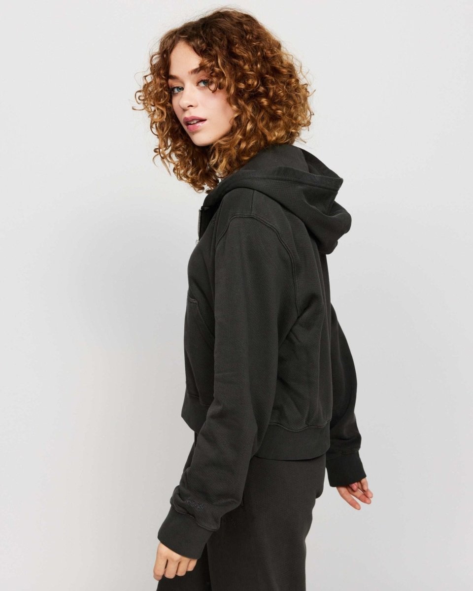 Shop Samii Ryan Samii Ryan Black Stone Wash Zip - Up Hoodie Hooded Sweatshirt for women – premium loungewear and festival fashion at Spoiled Brat