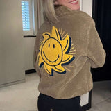 Shop Samii Ryan Samii Ryan Smiley® Sunshine Sherpa Jacket as seen on Sarah Jayne Dunn Jacket for women – premium loungewear and festival fashion at Spoiled Brat