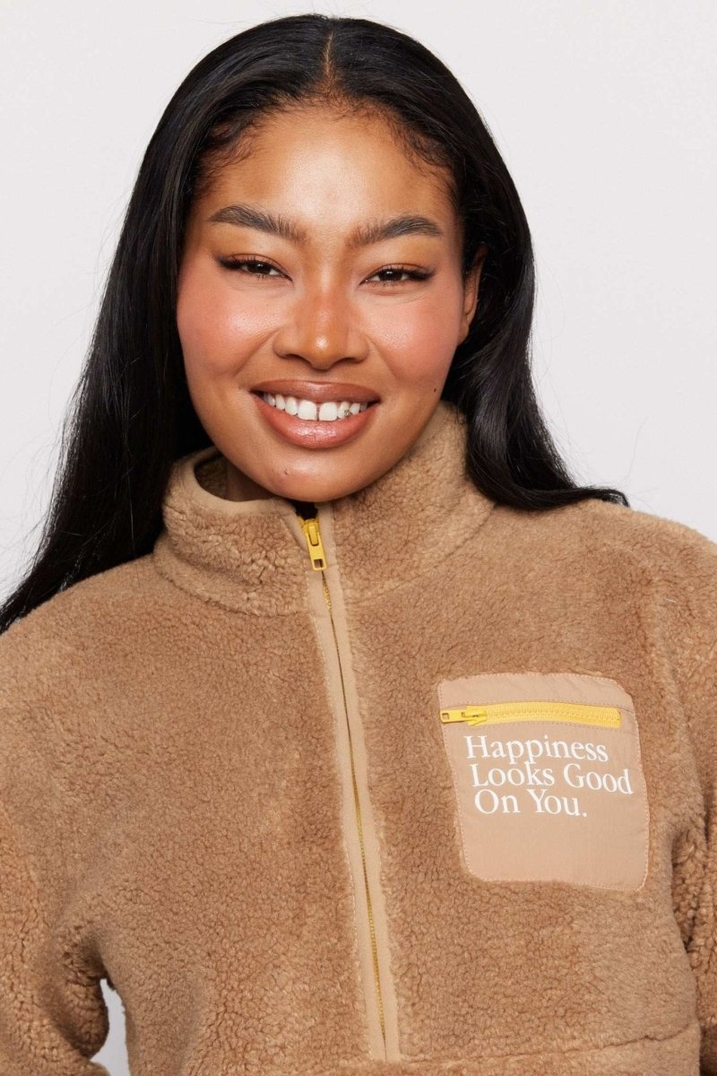 Shop Samii Ryan Samii Ryan Smiley® Sunshine Sherpa Jacket as seen on Sarah Jayne Dunn Jacket for women – premium loungewear and festival fashion at Spoiled Brat