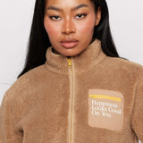 Shop Samii Ryan Samii Ryan Smiley® Sunshine Sherpa Jacket as seen on Sarah Jayne Dunn Jacket for women – premium loungewear and festival fashion at Spoiled Brat
