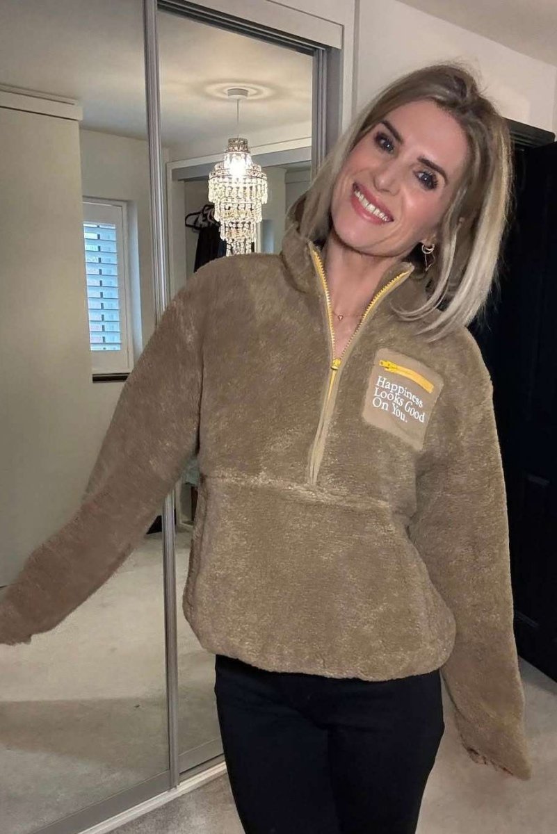 Shop Samii Ryan Samii Ryan Smiley® Sunshine Sherpa Jacket as seen on Sarah Jayne Dunn Jacket for women – premium loungewear and festival fashion at Spoiled Brat