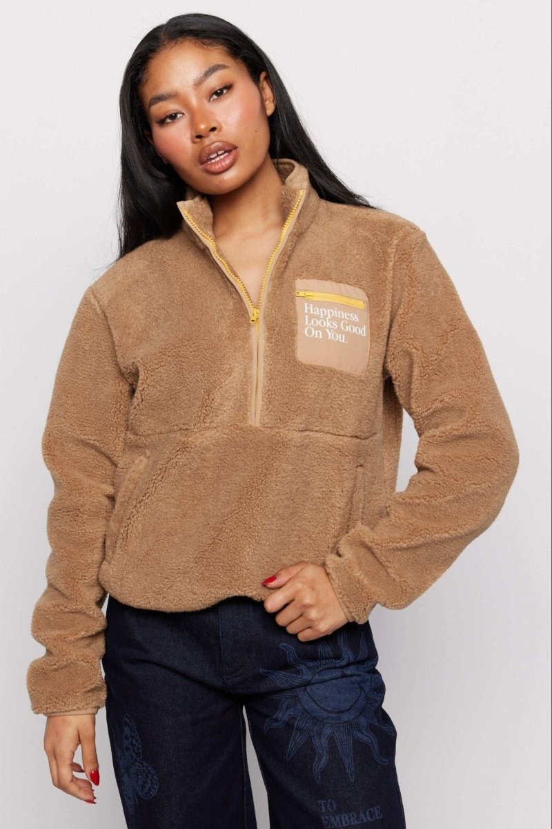 Shop Samii Ryan Samii Ryan Smiley® Sunshine Sherpa Jacket as seen on Sarah Jayne Dunn Jacket for women – premium loungewear and festival fashion at Spoiled Brat