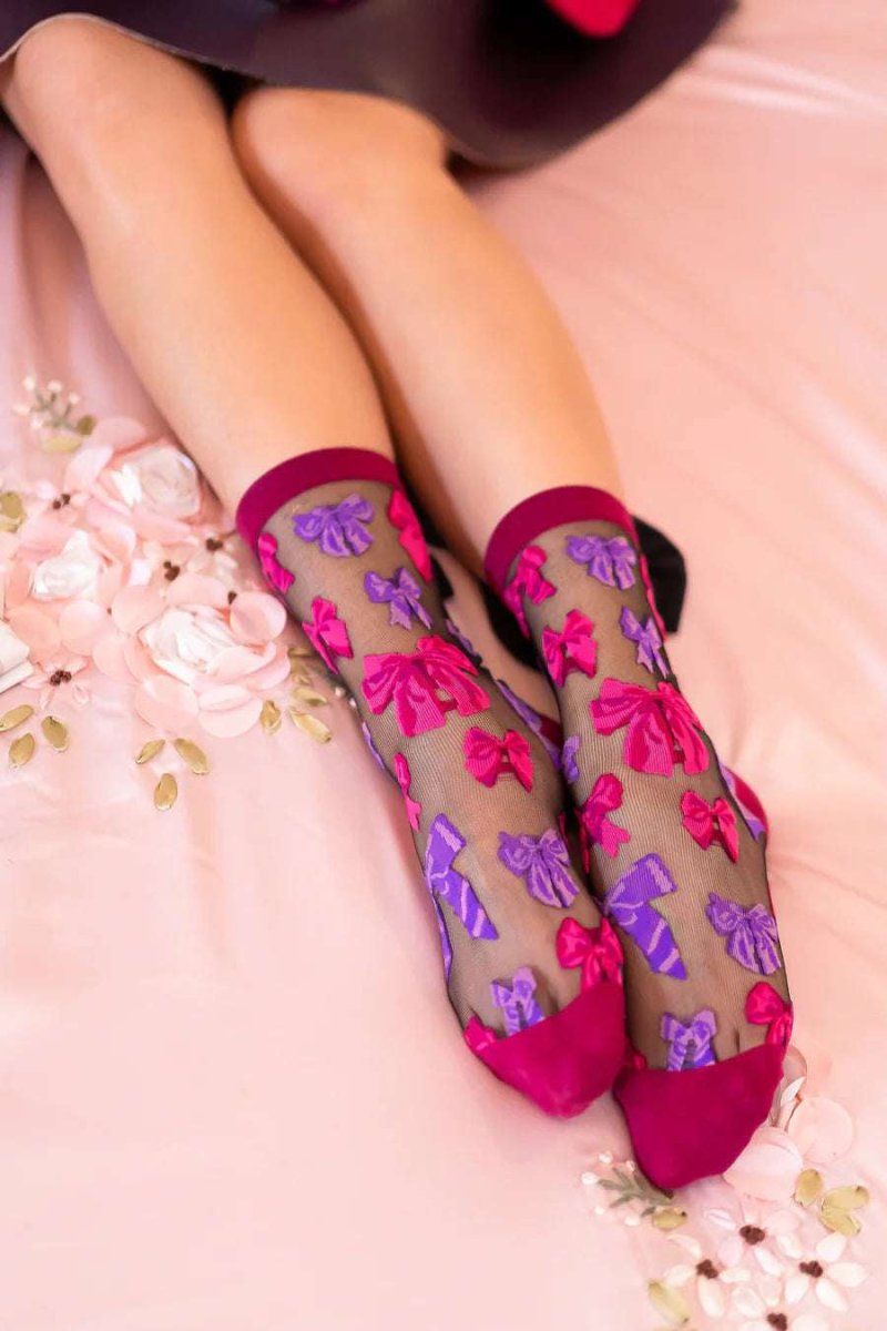 Shop Sock Candy Sock Candy Big Bow Energy Black Sheer Crew Sock Socks for women – premium loungewear and festival fashion at Spoiled Brat