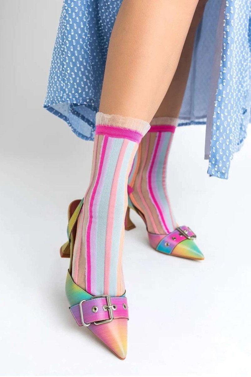 Shop Sock Candy Sock Candy Candy Stripe Ruffle Crew Sock Socks for women – premium loungewear and festival fashion at Spoiled Brat