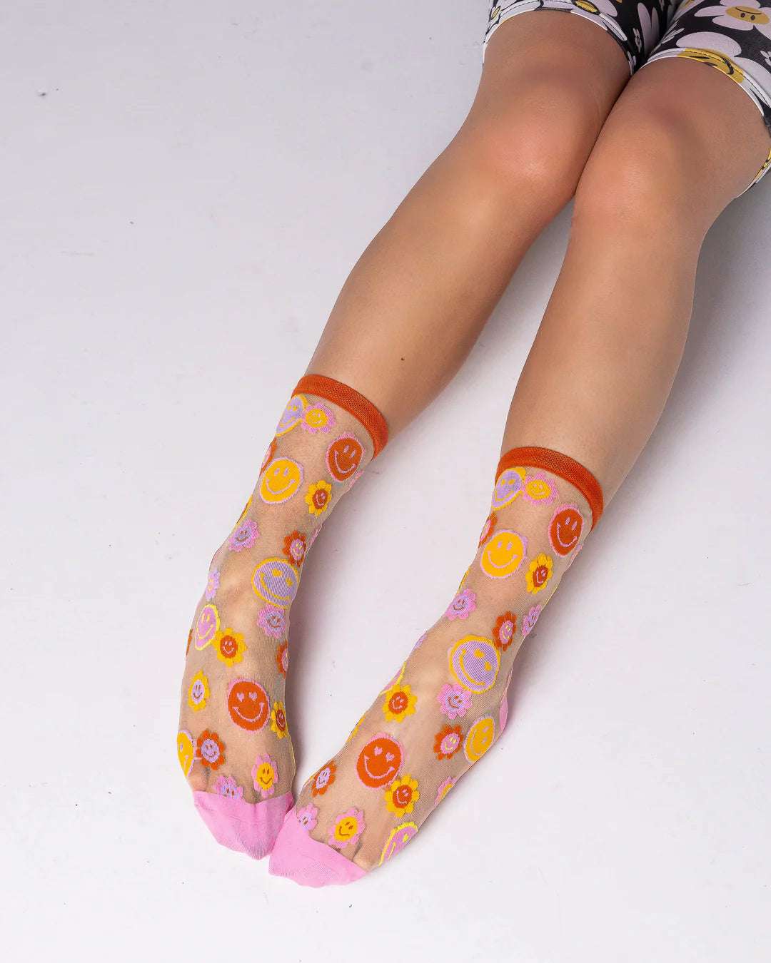 Sock Candy Smiley Face Daisy Sheer Crew Socks by Sock Candy – Socks – One Size | Spoiled Brat UK
