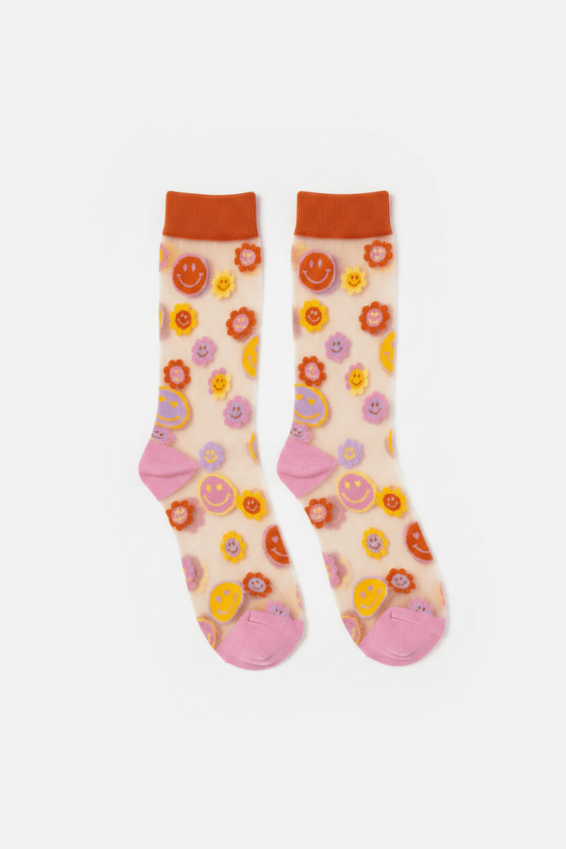 Shop Sock Candy Sock Candy Smiley Face Daisy Sheer Crew Socks Socks for women – premium loungewear and festival fashion at Spoiled Brat