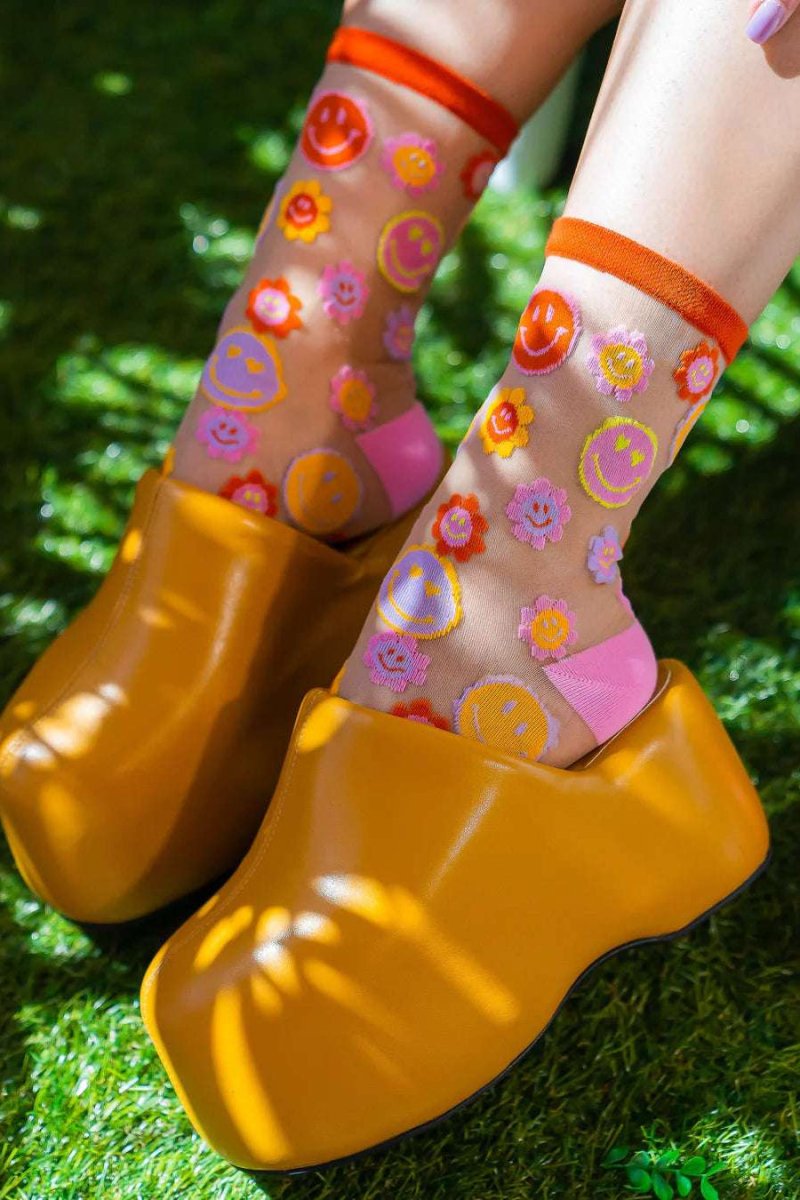 Shop Sock Candy Sock Candy Smiley Face Daisy Sheer Crew Socks Socks for women – premium loungewear and festival fashion at Spoiled Brat