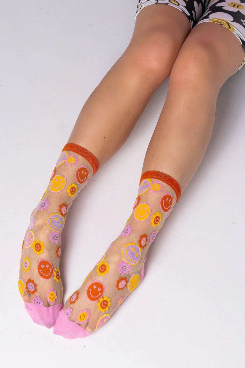 Shop Sock Candy Sock Candy Smiley Face Daisy Sheer Crew Socks Socks for women – premium loungewear and festival fashion at Spoiled Brat