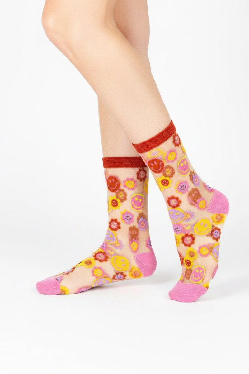 Shop Sock Candy Sock Candy Smiley Face Daisy Sheer Crew Socks Socks for women – premium loungewear and festival fashion at Spoiled Brat